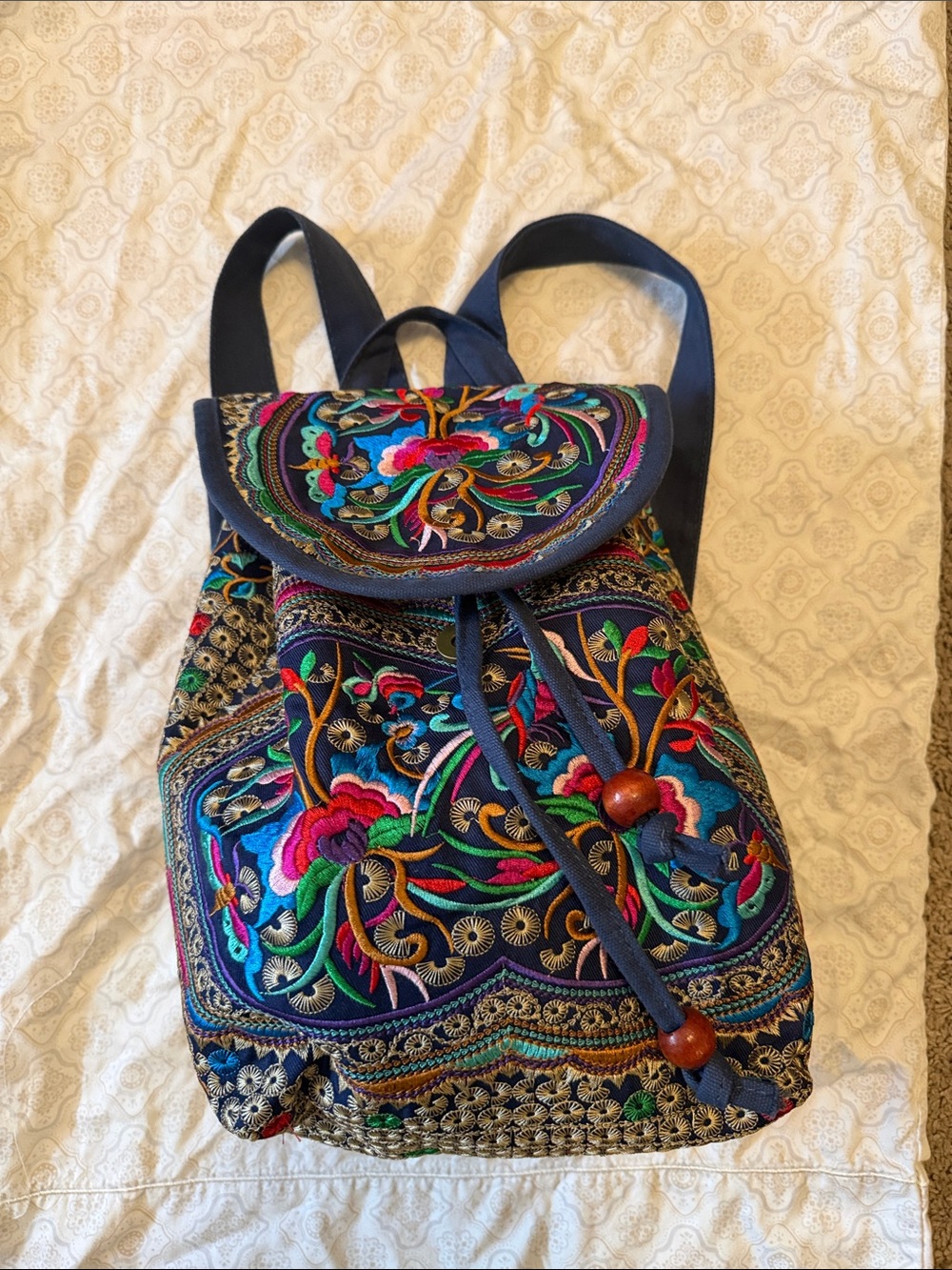 Embroidered Navy Multi-Color Floral Drawstring Backpack